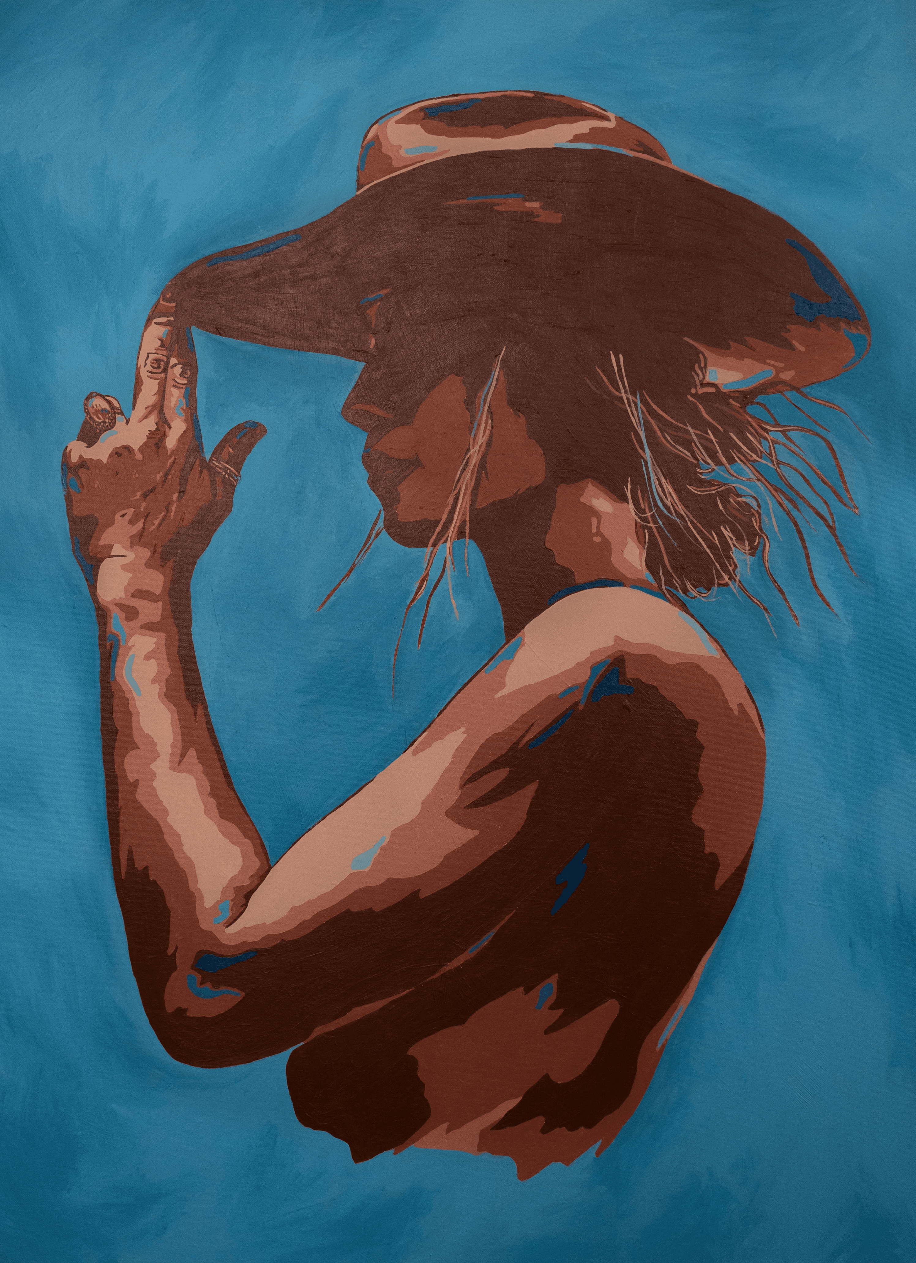 Western portrait painting of a woman in a wide-brimmed hat, hand raised to the brim, against a blue field