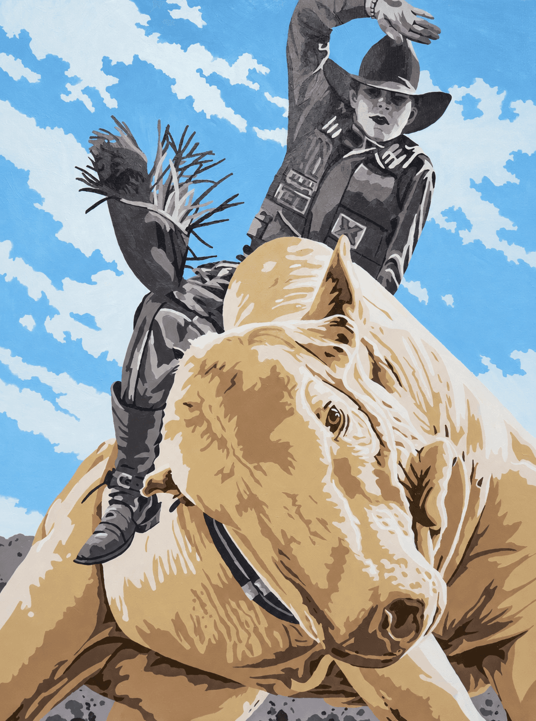 Original painting of a rodeo rider on a bucking palomino horse, seen from below against a blue sky with white clouds