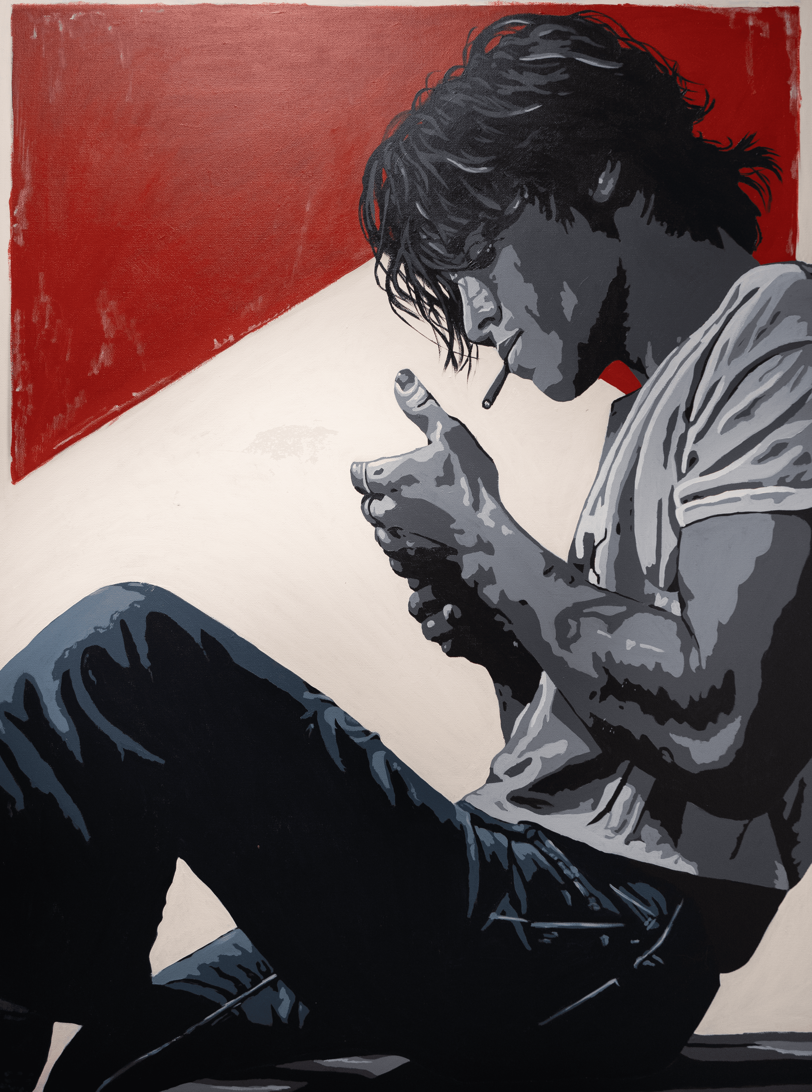 Original painting of a man lighting a cigarette, rendered in cool blue-gray tones against a bold red and white background