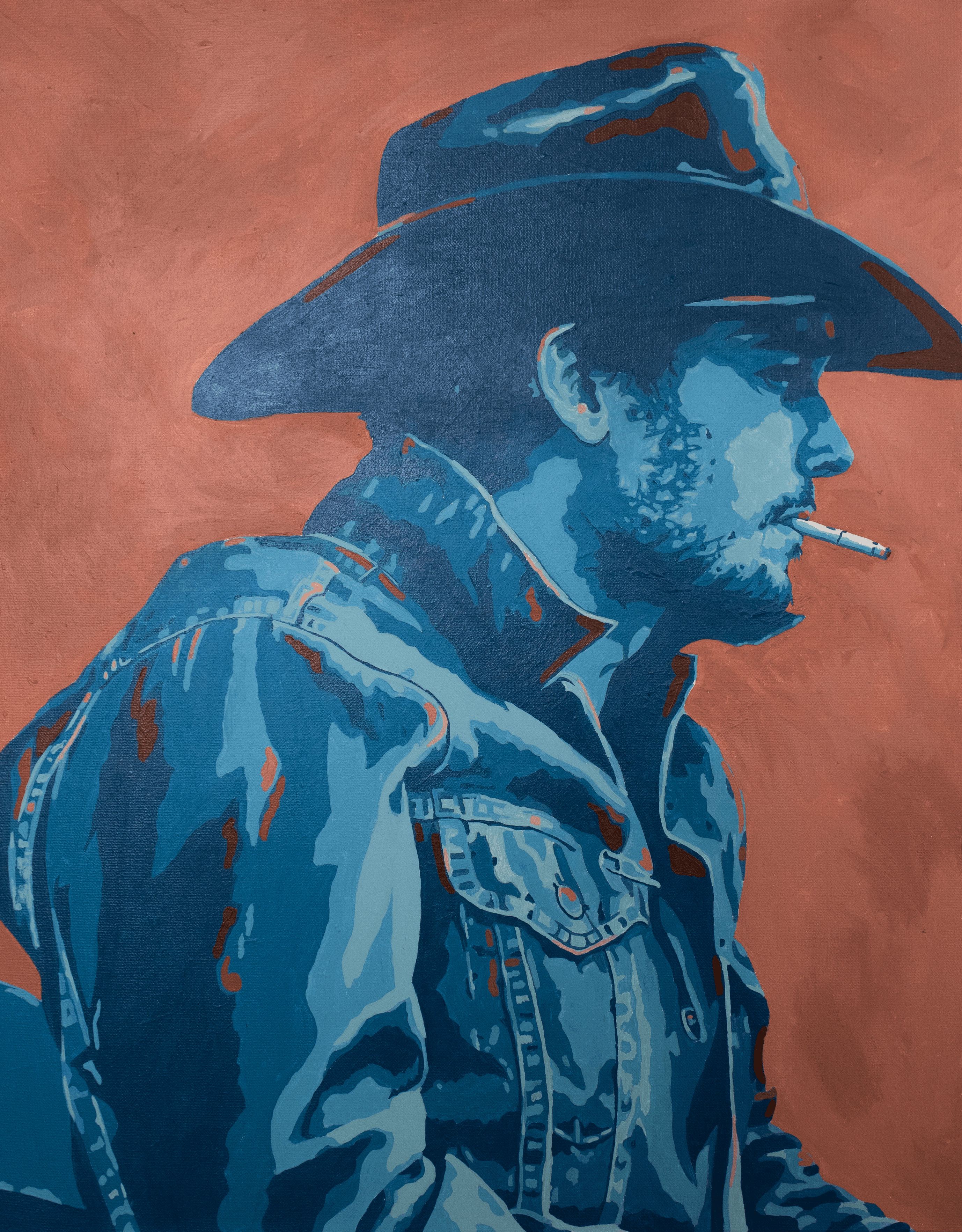 Original Western portrait painting of a man in a denim jacket and cowboy hat, cigarette in mouth, against a terracotta field