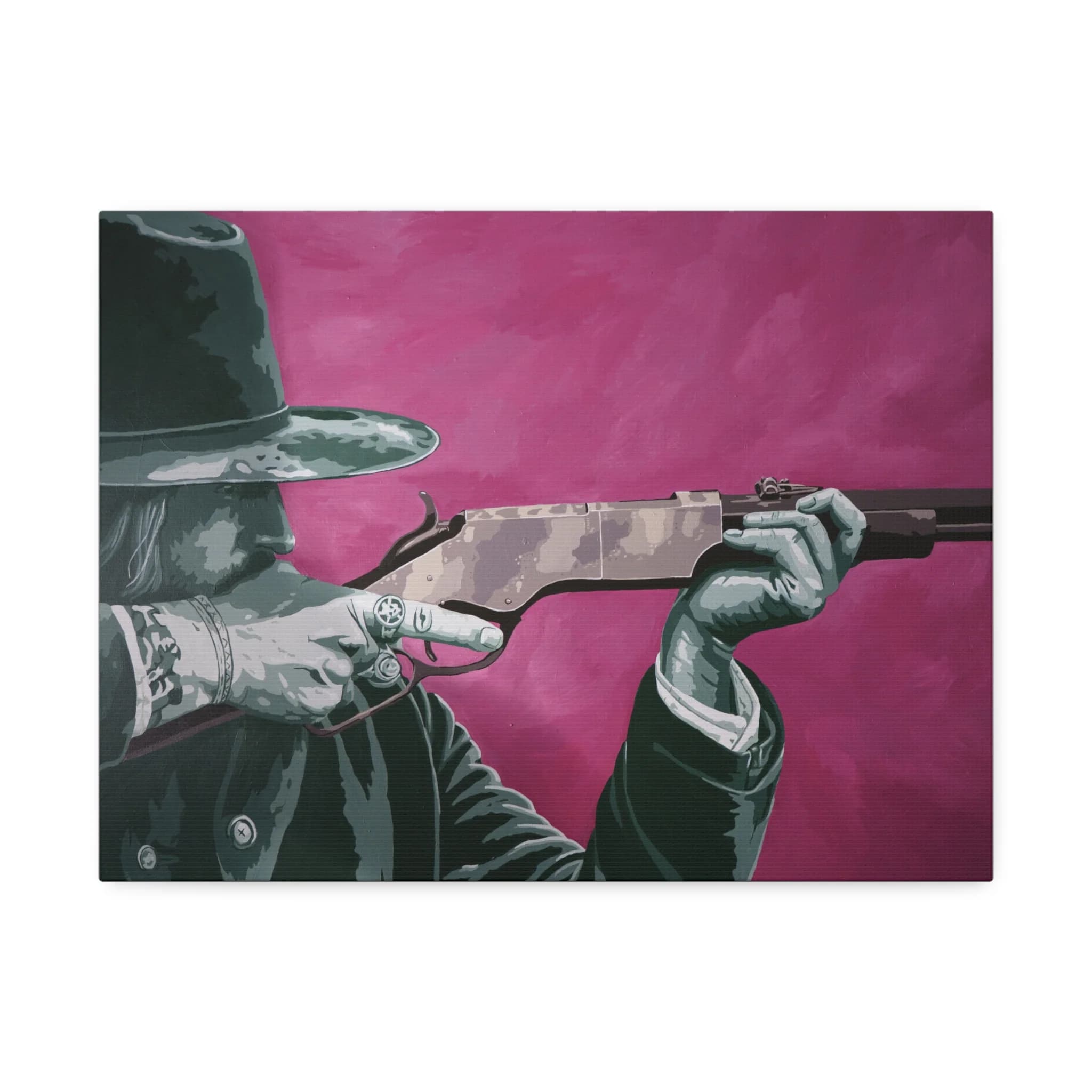 Painting of a cowboy in a wide-brimmed hat sighting down a rifle, rendered in green-gray tones against a magenta field